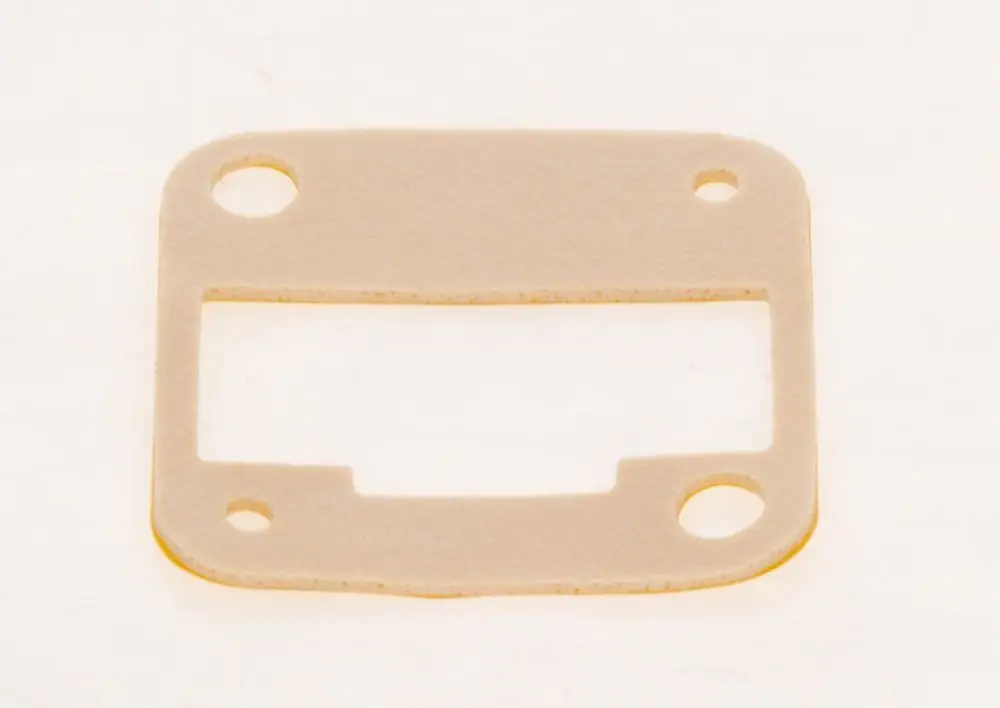 Dichtung von Bosch, rechteckige Form mit zwei runden Löchern und einer rechteckigen Aussparung in der Mitte. Beige Farbgebung und glatte Oberfläche.